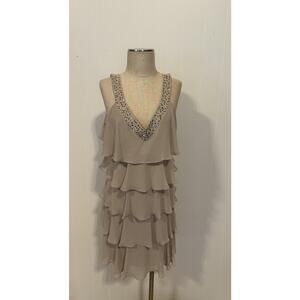 SL Fashions Dress Womens 16 Beige Tiered Ruffle Chiffon Beaded Cocktail Party